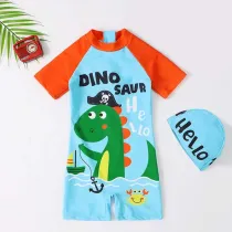 Toddler Kids Boy One Piece Swimwear Cartoon Hello Dinosaur Swimsuit with Swim Cap