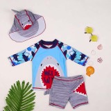 Toddler Kids Boy Two Pieces Swimwear Cartoon Shark Swimsuit with Sun Hat