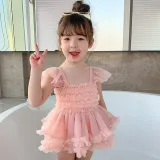 Toddler Girls One Piece Swimwear Pink Mesh Tutu Skirt Swimsuit