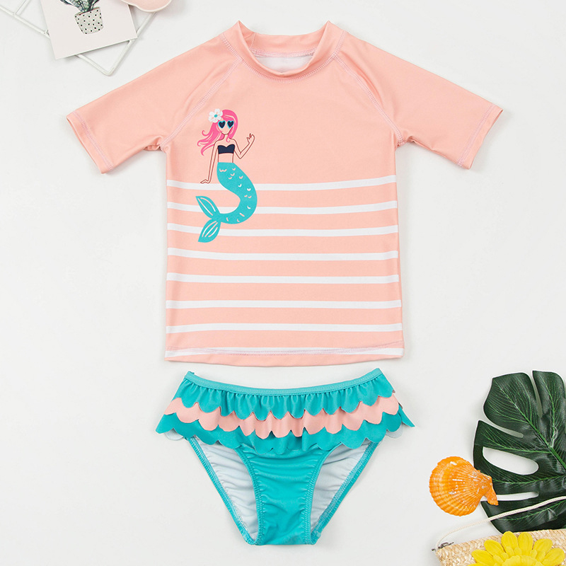 Toddler Girls Two Pieces Swimwear Short Sleeve Stripes Mermaid Swimsuit