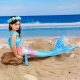 Toddler Girls 3 Pieces Swimwear Fish FinMermaid Lace Collar Bikini Swimsuit