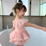 Toddler Girls One Piece Swimwear Pink Mesh Tutu Skirt Swimsuit