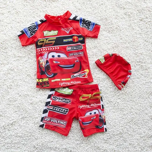 Toddler Kids Boy Two Pieces Swimwear Cartoon Racing Cars Swimsuit with Swim Cap