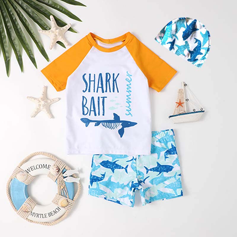 Toddler Kids Boy Two Pieces Swimwear Cartoon Shark Bait Swimsuit with Swim Cap