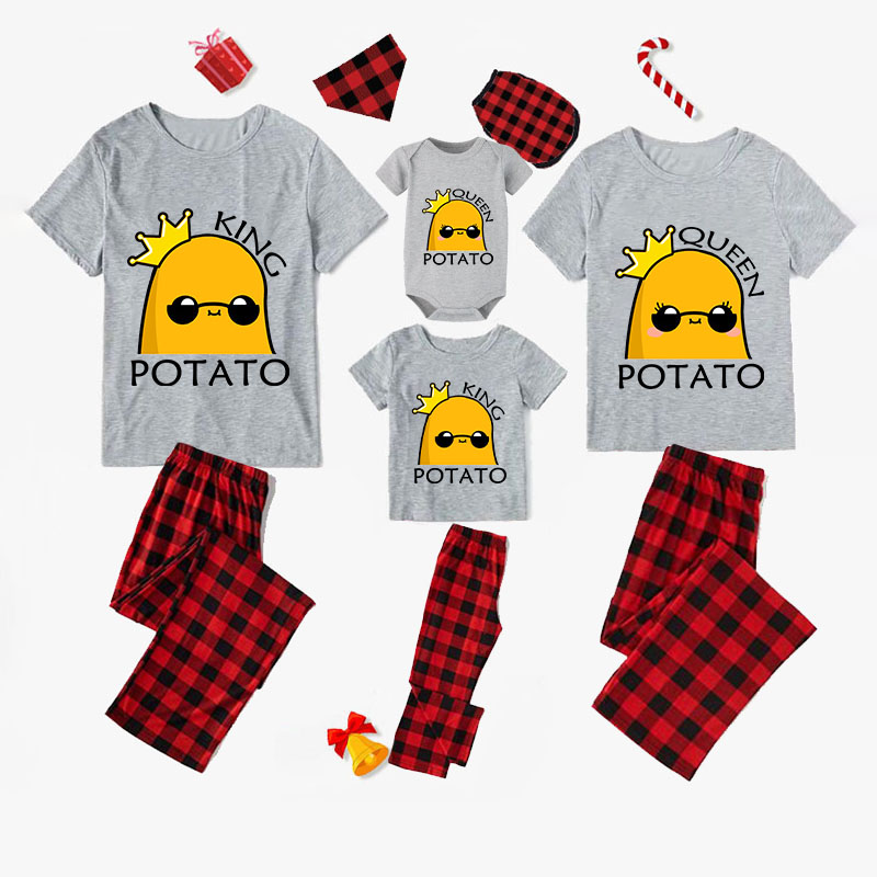 Family Matching Pajamas Exclusive Design Is Potato King And Queen Gray Short Long Pajamas Set