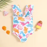 Toddler Girls One Piece Swimwear Cartoon Dinosaurs Ruffles Swimsuit