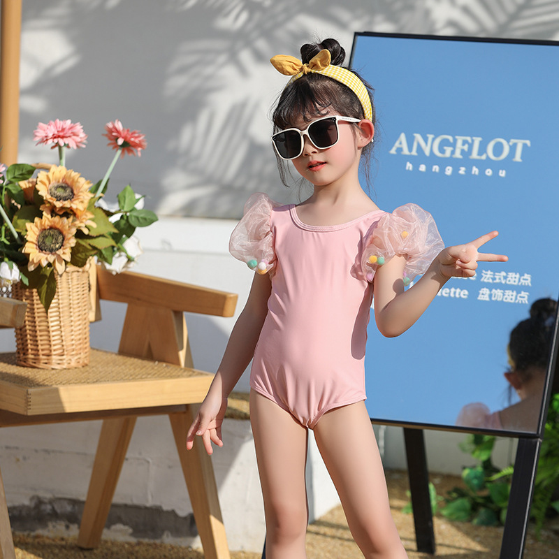 Toddler Girls One Piece Swimwear Mesh Puffy Sleeve Swimsuit with Swim Cap