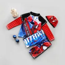Toddler Kids Boy Two Pieces Swimwear Cartoon Black Cars Long Sleeve Swimsuit with Swim Cap