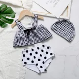 Toddler Girls Two Pieces Swimwear Plaid Sling Tank Swimsuit with Swim Cap