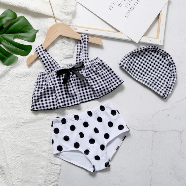 Toddler Girls Two Pieces Swimwear Plaid Sling Tank Swimsuit with Swim Cap