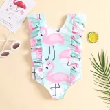 Toddler Girls One Piece Swimwear Cartoon Flamingos Ruffles Swimsuit