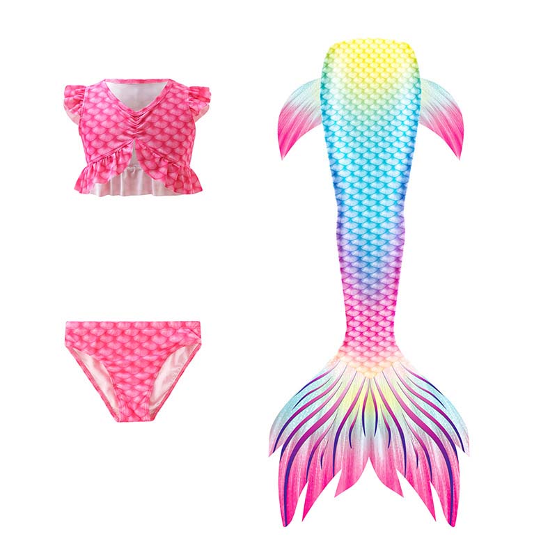 Toddler Girls 3 Pieces Swimwear Rainbow Mermaid Bowknot Bikini Swimsuit