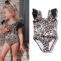 Toddler Girls One Pieces Swimwear Leopard Print Flying Sleeve Swimsuit
