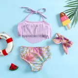 Toddler Girls 2 Pieces Purple Fish Scale Swimwear Tassels Halter Swimsuit with Hair Ties