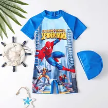 Toddler Kids Boy One Piece Swimwear Cartoon Surfi Shark Swimsuit with Swim Cap