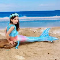 Toddler Girls 3 Pieces Swimwear Fish FinMermaid Lace Collar Bikini Swimsuit