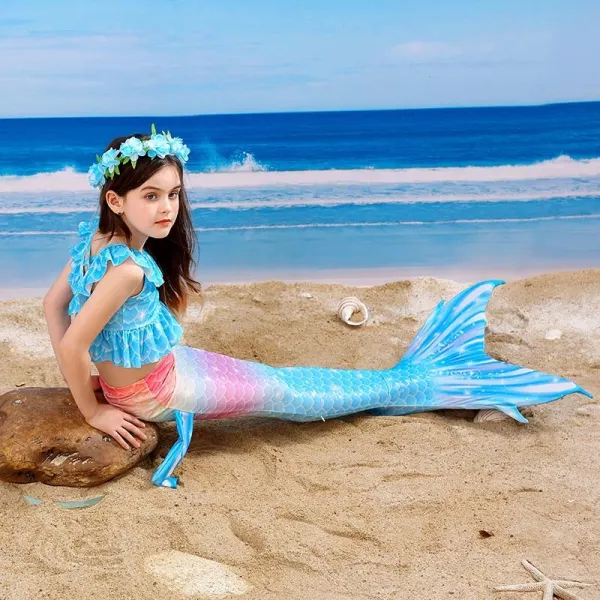 Toddler Girls 3 Pieces Swimwear Fish FinMermaid Lace Collar Bikini Swimsuit