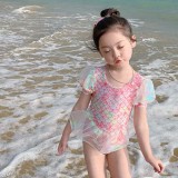 Toddler Girls Swimwear Puffy Sleeve Fish Scale Swimsuit with Bucket Hat