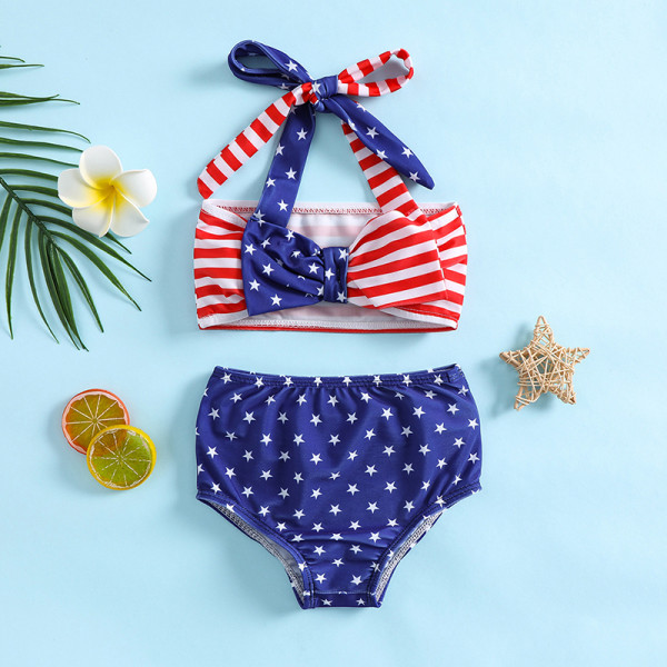 Toddler Kids Girl Two Pieces Swimwear Independence Day National Flag Halter Bowknot Swimsuit