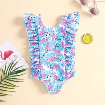 Toddler Girls One Piece Swimwear Cartoon Flamingos Ruffles Swimsuit