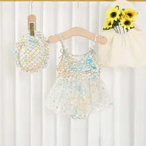 Toddler Girls Swimwear Sling Sequin Fish Scale Swimsuit with Bucket Hat