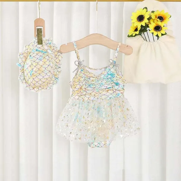 Toddler Girls Swimwear Sling Sequin Fish Scale Swimsuit with Bucket Hat