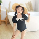 Toddler Girls One Pieces Puffy Sleeve Swimwear Bowknot Swimsuit with Swim Cap