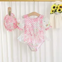 Toddler Girls Swimwear Puffy Sleeve Fish Scale Swimsuit with Bucket Hat