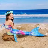 Toddler Girls 3 Pieces Swimwear Fish FinMermaid Lace Collar Bikini Swimsuit
