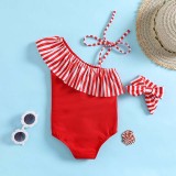 Toddler Girls One Pieces Swimwear One Shoulder Strip Swimsuit with Hair Bands