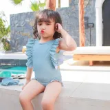 Toddler Girls One Piece Swimwear Floral Sleeve Pink Swimsuit with Swim Cap