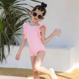 Toddler Girls One Piece Swimwear Floral Sleeve Pink Swimsuit with Swim Cap