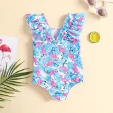 Toddler Girls One Piece Swimwear Cartoon Flamingos Ruffles Swimsuit