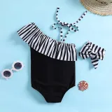 Toddler Girls One Pieces Swimwear One Shoulder Strip Swimsuit with Hair Bands
