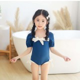Toddler Girls One Pieces Puffy Sleeve Swimwear Bowknot Swimsuit with Swim Cap