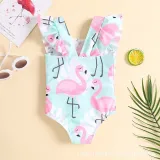 Toddler Girls One Piece Swimwear Cartoon Flamingos Ruffles Swimsuit