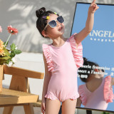 Toddler Girls One Piece Swimwear Floral Sleeve Pink Swimsuit with Swim Cap