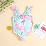 Toddler Girls One Piece Swimwear Cartoon Flamingos Ruffles Swimsuit