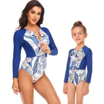 Mom and Me Long Sleeve Swimwear Lotus Flowers Prints Swimsuit