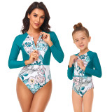 Mom and Me Long Sleeve Swimwear Lotus Flowers Prints Swimsuit
