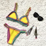 Women Bikinis Colorful Hand Crocheted Yellow Neoprene Triangle Bikinis Sets Swimwear