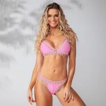 Women Bikinis Pink Hand Crocheted Neoprene Triangle Bikinis Sets Swimwear