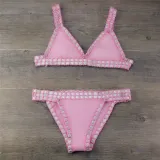Women Bikinis Pink Hand Crocheted Neoprene Triangle Bikinis Sets Swimwear