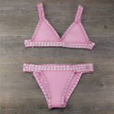 Women Bikinis Pink Hand Crocheted Neoprene Triangle Bikinis Sets Swimwear
