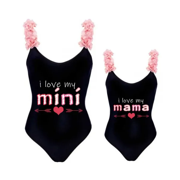 Mommy and Me Bathing Suits I Love My Mama I Love My Mini Flower Shoulder Backless Swimsuits