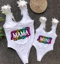 Mommy and Me Bathing Suits Colorful Leopard Wings Shoulder Backless Swimsuits
