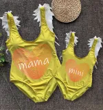 Mommy and Me Bathing Suits Fingerprint Mama Mini Wings Shoulder Backless Swimsuits
