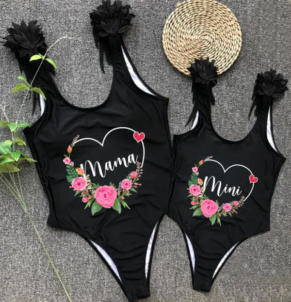 Mommy and Me Bathing Suits Flower Wreath Wings Shoulder Backless Swimsuits