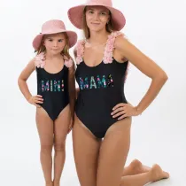Mommy and Me Bathing Suits Mama Mini Coconut Tree Flower Shoulder Backless Swimsuits