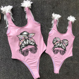 Mommy and Me Bathing Suits Mom And Kid Sunglass Head Wings Shoulder Backless Swimsuits